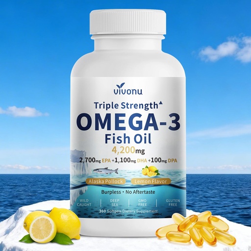 [BRSRGAI5CF5GOC37] VivoNu Triple Strength Omega 3 Fish Oil - 4200mg, 360 Softgels | Enteric-Coated for No Fishy Aftertaste | Wild-Caught | Third-Party Tested