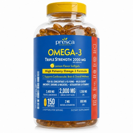 [BRSROFDYCMMR6YLJ] Triple Strength Omega 3 Fish Oil 2000mg – 1200mg EPA & 800mg DHA – rTG Triglyceride Form Fish Oil Supplement with Astaxanthin & Vitamin E – Wild Caught Omega-3 Softgels, Lemon Flavor, 150 Count