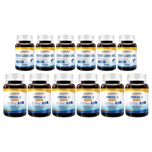 [BRSRGHYBAACAI3QV] LOVITA 12-Pack Bulk Omega Bundle - 6 Fish Oil & 6 Norwegian Cod Liver Oil, Max Strength rTG & TG Forms, Non-GMO (12 Pc)