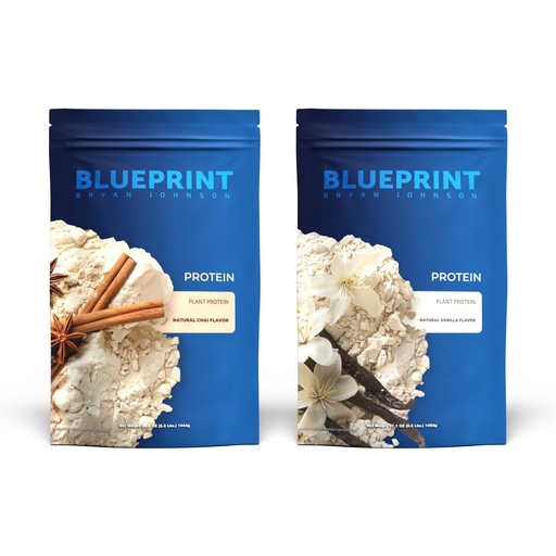 [BRSREZYKDF4BMHLA] Blueprint Bryan Johnson Hemp Protein - 27G Plant Protein - Vanilla (15 Servings) + Chai (15 Servings)
