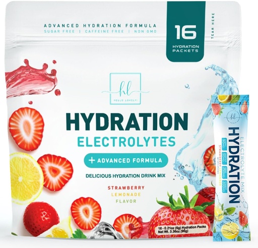[BRSROHD6A4HWGF34] Electrolytes Hydration Packets - Keto Recovery Powder with Potassium, Magnesium, Sodium, Zinc & Vitamin C, Sugar-Free, Hydration Electrolyte Liquid Drink Mixes, Vegan, Strawberry Lemon (16 Pack)