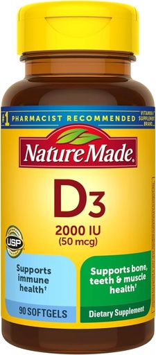 [BRSWKYQ3CB4BKDQ3] Nature Made Vitamin D3, 90 Softgels, Vitamin D 2000 IU (50 mcg) Helps Support Immune Health, Strong Bones and Teeth, & Muscle Function, 250% of The Daily Value for Vitamin D in One Daily Softgel