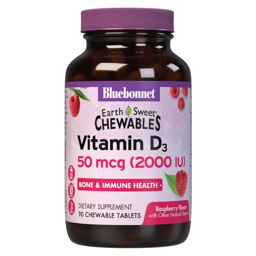[BRSWIYAHCV6QYFTE] Bluebonnet Nutrition Earth Sweet Vitamin D3 2000 IU Chewable Tablets, Aids in Muscle and Skeletal Growth, D3, Non GMO, Gluten, Free, Soy Free, Milk Free, Kosher, 90 Chewable Tablets, Raspberry Flavor