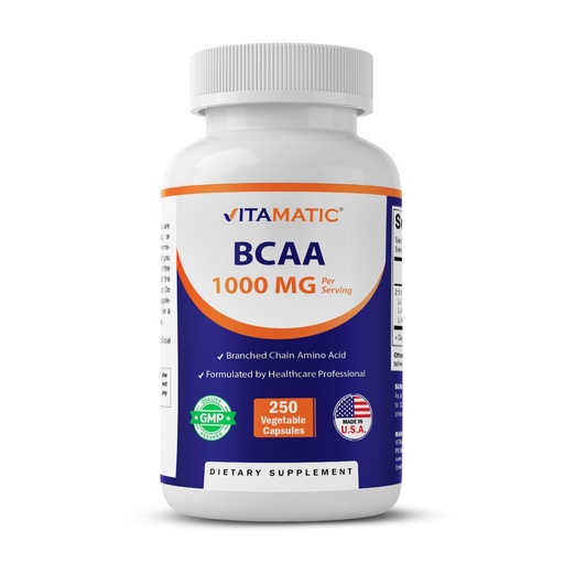 [BRSRGHQ3A5YQYDY3] Vitamatic BCAA 1000 mg Per Serving (2:1:1) | 250 Veg Capsules | Branched Chain Amino Acid Supplement | Non-GMO | Made in USA