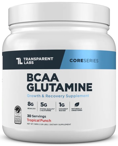 [BRSRAZIYCIOWOFLL] Transparent Labs BCAA Glutamine - 8000 mg of BCAA Powder Per Serving with L Glutamine for Post Workout Recovery, Muscle Growth, & Increased Endurance - 30 Servings, Tropical Punch