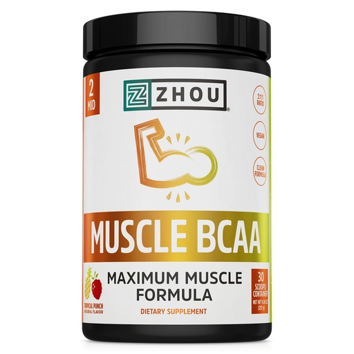 [BRSREAQQCUCWK3LF] ZHOU Muscle BCAA - Vegan BCAA Powder, BCAA Supplements for Men & Women, Support Muscle Health, Drink for Energy, All Natural Branched Chain Aminos - Tropical Punch, 11.6 oz (30 Servings)