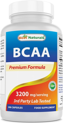 [BRSWKFL3B4BBUFTE] Best Naturals BCAA Branch Chain Amino Acid, 3200mg per Serving, 200 Capsules - Pharmaceutical Grade - 100% Pure Instantized Formula | Pre/Post Workout Bodybuilding Supplement | Boost Muscle Growth