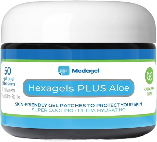 [BRSRAYYFAQMBEFD6] Hexagels Plus Aloe Vera - Avanzado Healing Hydrogel Pads for Blister Prevention & Soothing Burn Care - Foot, Heel, Toe, &amp; Ankle Protection, Pack of 50, 1-Inch Patches, por Medagel, Paraben Free Formula