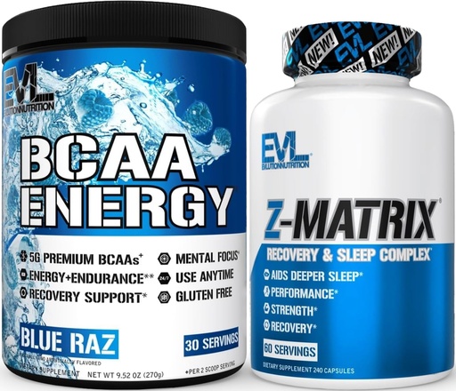 [BRSRG2QFBN7RUA34] Evlution ZMatrix Magnesium and Zinc Post Workout Supplement (60 Servings) Plus Replenishing BCAAs Amino Acids Powder for Pre & Post Workout (Blue Raz, 30 Servings)