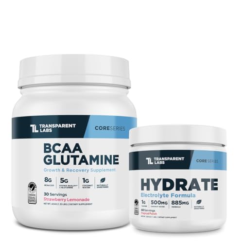 [BRSRE2YBAQBAM2TZ] Transparent Labs BCAA Glutamine Powder (30 Servings, Strawberry Lemonade) & Hydrate Electrolytes Powder (40 Servings, Tropical Punch)