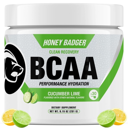 [BRSRGFQ2OYMBO2QV] Honey Badger BCAA + EAA Amino Acids Powder, BCAAs + L-Glutamine, Keto, Vegan, Sugar Free for Men & Women, Hydration & Post Workout Muscle Recovery Drink Mix, Cucumber Lime, 30 Servings