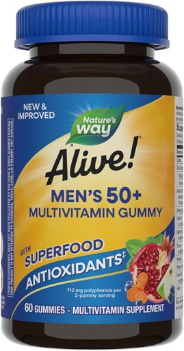 [BRSWIFQNOICWKE32] La Via della Natura Viva! Men’s 50+ Multivitaminici, Supporta Cervello sano, Occhi, Cuore*, B-Vitamins, Senza glutine, Vegetariano, Frutta aromatizzata, 60 Gummies (Packaging May Vary)
