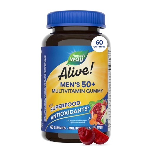 [BRSWIFQNOICWKE32] Nature's Way Alive! Men’s 50 Plus Multivitamin Gummy, Daily Chewable Multivitamins for Men with B-Vitamins, Vitamin D3 & Zinc, Supports Heart, Eye & Energy Metabolism,* Fruit-Flavored, 60 Gummies