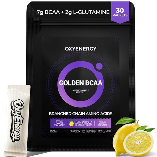 [BRSRGFQ6CMOR4YDO] OxyEnergy BCAA 2:1:1 Powder, 7g BCAAs and 2g L-Glutamine, Taurine for Muscle Recovery, Increased Endurance, Perfect Amino Aicds for Pre & Post Workout Recovery, Sugar Free, Lemon, 30 Stick Pack