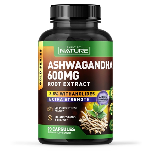 [BRSREZA7CB6BO2TD] Built by Nature Ashwagandha Supplement – Extra Strength Ashwagandha Capsules 600mg – Standardized 2.5% Withanolides – Ashwagandha for Men & Women – Stress, Mood & Energy Support – 90 Capsules