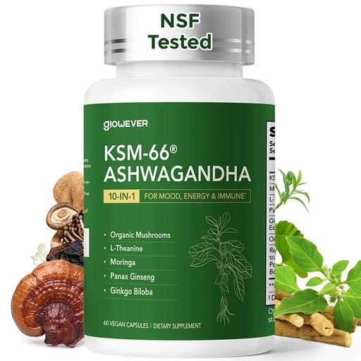 [BRSREZI3AUOWGF3X] GlowEver KSM-66 Ashwagandha Supplements with L-Theanine Moringa Organic Mushrooms Complex Ginseng Ginkgo Biloba - Mood & Energy Support, Cortisol Manager, Immune Support, 60 Vegan Capsules