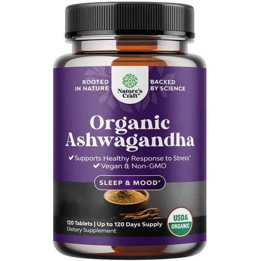 [BRSRAYIYC4CQAHYU] High Strength Organic Ashwagandha Supplements - Ashwagandha Organic Tablets for Mood Support & Hormone Balance for Women & Men - Root Extract Powder with Black Pepper for Better Absorption - 120 Ct