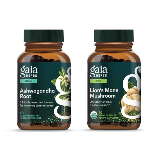[BRSRGBQRO4AR433Z] Gaia Herbs Ashwagandha Root, Stress Relief & Sleep Support Supplement*, 60 Vegan Liquid Phyto-Caps Lion's Mane Mushroom, Brain Health Support*, 40 Vegan Capsules - Bundle (Pack of 2)