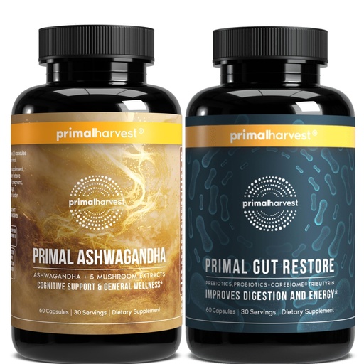 [BRSRGAIOCACQG3LU] Primal Harvest Daily Two-Step Routine | Ashwagandha + Gut Restore | 2 Pack | 30 Day Supply