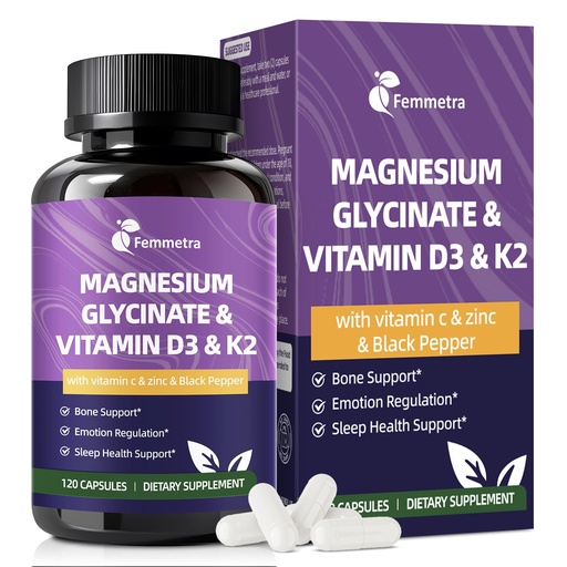 [BRSREGL5C5YGGCL5] Magnesium Glycinate 600mg Vitamin D3 K2 Supplement with Vitamin C, Zinc, & Aloe Vera - Bone Support, Energy & Mood Manage & Sleep Health for Men & Women, Non-GMO, Vegan, 120 Capsules