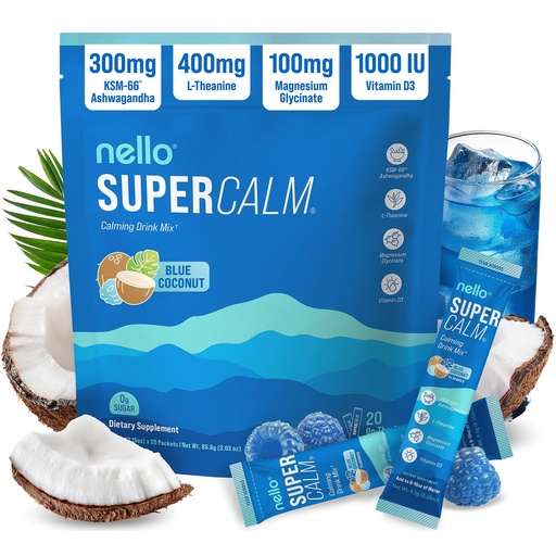 [BRSRA2QCOB7BO3Y6] Nello Supercalm Drink Mix with Magnesium Glycinate, KSM 66 Ashwagandha, Vitamin D3 and L Theanine, Calm Powder Supplements for Relaxation Support, No Sugar, Travel Packets, 20 Ct, Blue Coconut