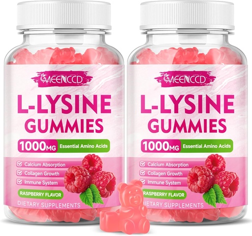[BRSRAAQBOQARG3DB] 2 Pack L-Lysine 1000mg Gummies, Lysine Supplement for Adults & Kids, Essential Amino Acid for Lips & Oral Health, Boost Immune & Collagen & Calcium, Sugar-Free, Raspberry Flavor, 120 Count