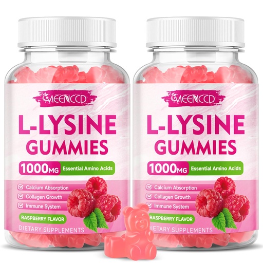 [BRSRAAQBOQARG3DB] MEENCCD 2 Pack L-Lysine 1000mg Gummies, Lysine Supplement for Adults & Kids, Essential Amino Acid Supplement Supports Collagen Formation, Sugar-Free, Raspberry Flavor, 120 Count