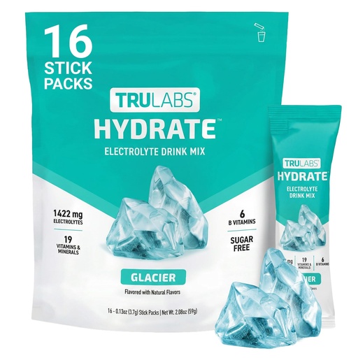 [BRSREGATCANBOYA3] TRULABS Hydrate Electrolyte Drink Mix – Glacier Flavor, Sugar-Free Hydration Packets with 1422 mg Electrolytes & 19 Vitamins & Minerals, Monk Fruit Sweetened, On-the-Go Sticks (16 Count)