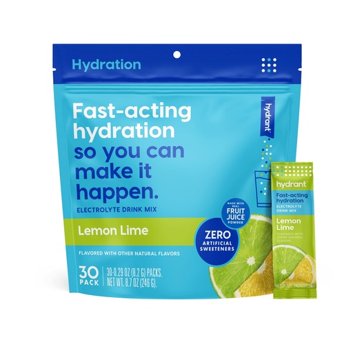 [BRSW2ZLQPN7AIADF] Hydrant Hydrate, Individual Hydration Electrolyte Powder Stick Packets with No Artificial Sweeteners, Colors, or Fillers (Lemon Lime, 30 Pack)