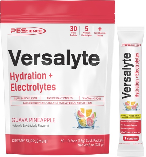 [BRSRAEL6BUMAA33J] PEScience Versalyte Electrolyte Hydration Packets, Sugar Free Electrolyte Powder with Magnesium, Taurine, Antioxidants, Trace Minerals, Low Sodium - Guava Pineapple, 30 Servings