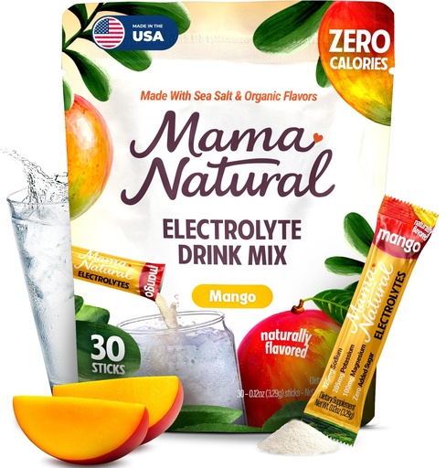[BRSREBDRCQPGAETH] Mama Natural Electrolytes Powder Packets – Instant Hydration with natural Sea Salt, Potassium & Magnesium Glycinate – Sugar Free, Organic Mango Flavor – 30 Travel Sticks for Postpartum & Pregnancy