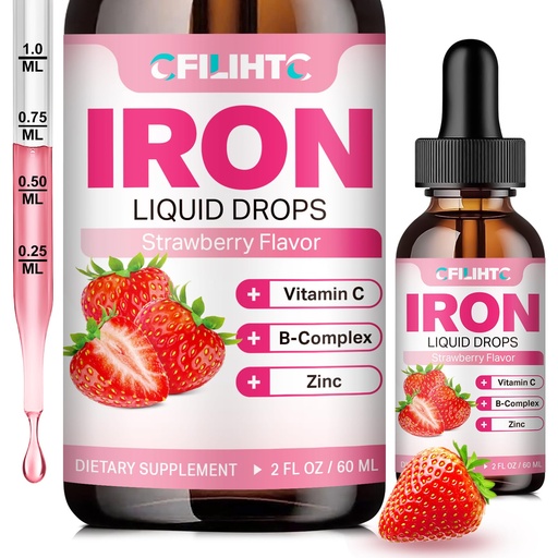 [BRSRAFQCCAOWO33O] Liquid Iron Supplement for Women Men & Kids Multivitamin Iron Drops with Folate, Vitamin C, B6, B12, Zinc for Anemia, Iron Deficiency, Blood Builder, Energy - Natural Strawberry Flavor, Vegan 2 Fl Oz