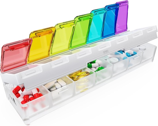 [BRSROZQPOUNGGETU] Fullicon Weekly Pill Organizer 7 Day Quick Fill & Spill Proof Designed Large Pill Box with Free Labels Travel Medicine Organizer for Medicine, Vitamin, Fish Oil, Supplement (Rainbow Clear)