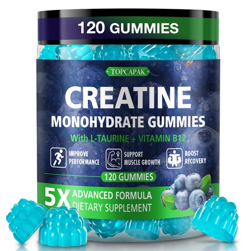 [BRSREED3DMFWO23X] Creatine Gummies for Men & Women - Chewable Creatine Monohydrate Gummies with Taurine & Vitamin B12, 5g Creatine per Serving, Blueberry Flavor, Raspberry-Shaped - 120 Count