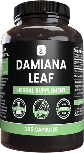 [BRSRMYY2AAIB62Y2] PURE ORIGINAL INGREDIENTS Damiana Leaf (365 Capsules) No Magnesium Or Rice Fillers, Always Pure