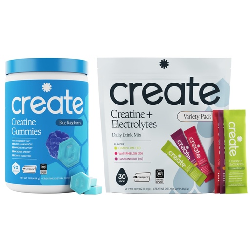 [BRSRGBAFOYPBQCD3] Create Creatine Gummies & Creatine + Electrolytes Bundle - Creatine Monohydrate, NSF Certified for Sport, 90ct Blue Raspberry Gummies + 30ct Variety Stick Packs