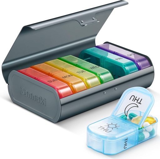 [BRSRAEI7PNYBUGT2] Zannaki Metal XL Weekly Pill Organizer 2 Times a Day, Large Travel Daily Pill Box 7 Day, Portable Week Twice Pill Holder Container, AM PM Pill Case for Medicine Vitamin Medication Supplement, Grey