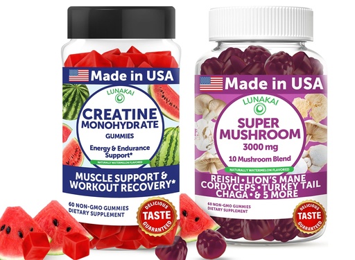 [BRSRE233BEMGKCDZ] Lunakai USA Made Creatine & Super Mushroom Gummies Bundle – Daily Recovery & 10-Mushroom Complex Support – 60 Non-GMO Gummies Each