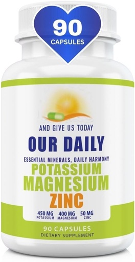 [BRSROBD2O4FBS3I3] Magnesium Potassium Supplements W Zinc - 90 Capsules 400MG Magnesium,450MG Potassium,50MG Zinc for Vascular Health – High Absorption Vegan for Leg Cramps and Sleep