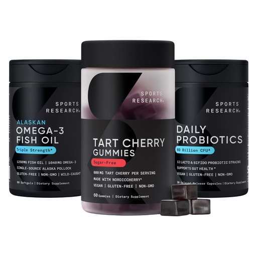 [BRSRE2Q6OBYAAYD6] Sports Research® Tart Cherry Gummy Supplements | 600mg of NordicCherry™ & Triple Strength Omega 3 Fish Oil w/EPA & DHA Fatty Acids & Daily Probiotics with Prebiotics, 60 Billion CFU