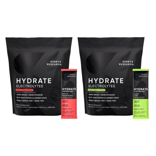 [BRSRAYD7DIBWO2TL] Sports Research Hydrate Electrolytes Dynamic Duo - Sugar-Free & Naturally Flavored with Vitamins, Minerals, and Coconut Water - 32 Hydration Packets of Cherry Pomegranate & Lemon Lime