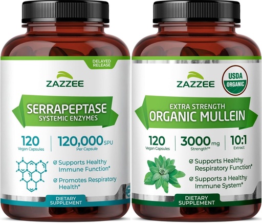 [BRSRGGIROYPWMD3U] Zazzee USDA Organic Mullein Leaf Extract & 120,000 SPU Serrapeptase Proteolytic Enzyme Capsules | Respiratory Lung Health Support Bundle (120 Servings Each)