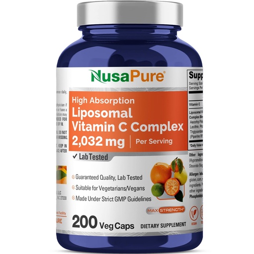 [BRSWYED2BEDQAE3A] NusaPure Liposomal Vitamin C 2032mg - 200 Veggie Vegan Capsules, BioPerine - High Absorption Ascorbic Acid