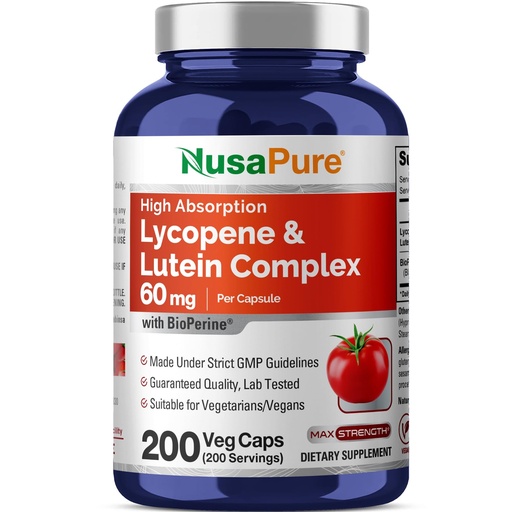 [BRSWGZYYCQPBSDQY] Lycopene & Lutein Complex, Non-GMO, 60mg, 200 Veg Capsules - 200 Servings | Vegan Formulation, Lutein Proprietary Complex with BioPerine, Suitable for Adults, Made in a cGMP Registered Facility USA