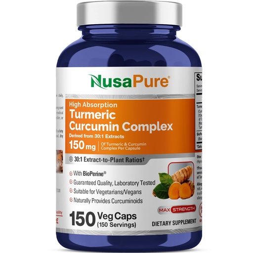 [BRSWG2QQPIORSHTL] NusaPure Turmeric Curcumin Complex Capsules, 150 mg, 150 Veg Capsules (Gluten Free, Non-GMO)