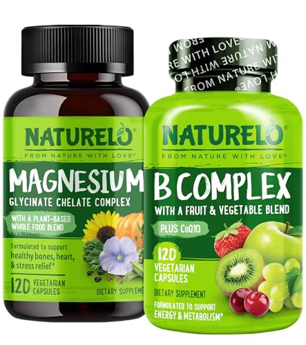 [BRSRECQQOYGQK23U] NATURELO Vitamin B Complex with Fruit & Vegetable Blend - 120 Capsules and Magnesium Glycinate Chelate Complex - 120 Capsules Bundle