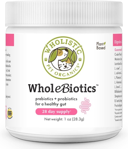 [BRSWKHY4AEAWKG3M] Wholistic Pet Organics WholeBiotics - Daily Dog Probiotics for Digestive Health Support & Immune Boost - 9 Strains - Prebiotics & Probiotics for Dogs & Cats - Gut Health for Dogs - 1 Oz - 28 Scoops