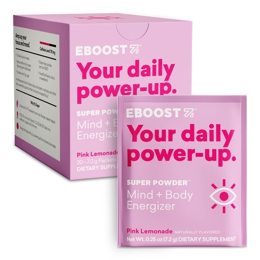 [BRSWI2QQBMFWGD32] EBOOST Super Powder Drink Mix - Pink Lemonade 0.2 oz 20 Pack Hydration Energizer Electrolytes Powder - 13 Vitamins & Minerals - 110 mg Caffeine - 0 Added Sugar - No Artificial Flavors or Sweeteners