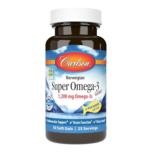 [BRSWIGA3PIGRSCT2] Carlson - Super Omega-3 Gems, 1200 mg Omega-3s, Norwegian, Cardiovascular Support, Brain Function & Vision Health, 50 soft gels