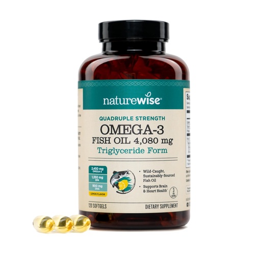 [BRSRECT2AUJQGHTJ] NatureWise Quadruple Strength Omega 3 Fish Oil 4080mg- Natural TG Form + Wild Caught - 2450mg Omega 3 + 1350mg EPA 900mg DHA - Burpless - Non-GMO & USA Manufactured - 120 Softgels[40 Day Supply]
